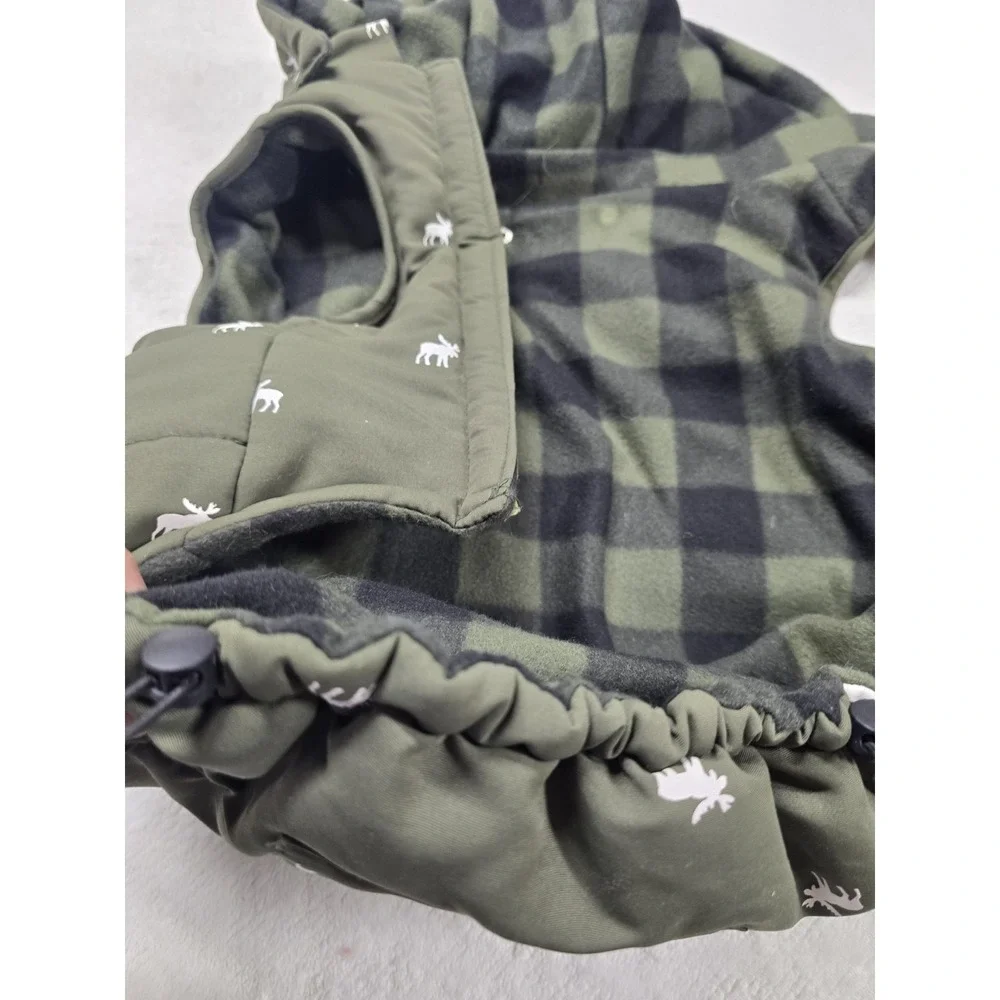 Winter Dog Vest with Hood - Green Moose Pattern, Plaid Fleece Lined, Size XL...